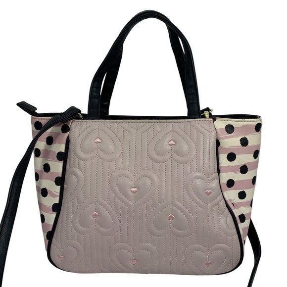 BETSEY JOHNSON Ballet Pink Quilted Heart Polka Dot Striped Sides Handbag Tote - Picture 6 of 10